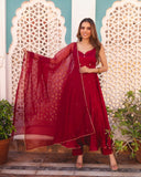 Red Georgetta Floral Anarkali gown with dupatta