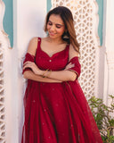 Red Georgetta Floral Anarkali gown with dupatta